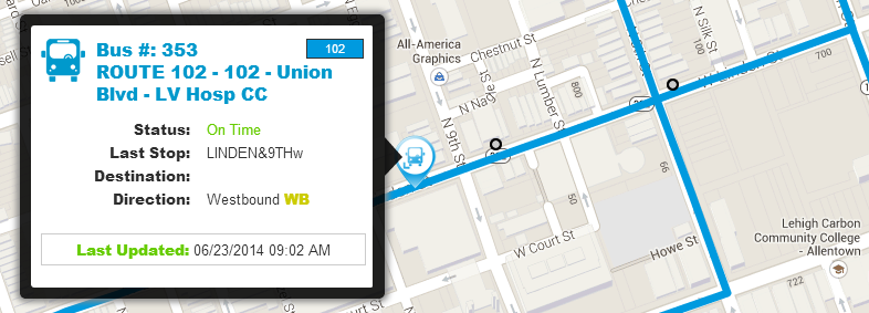Graphic showing the status of a specific bus using the web-based myStop bus tracker