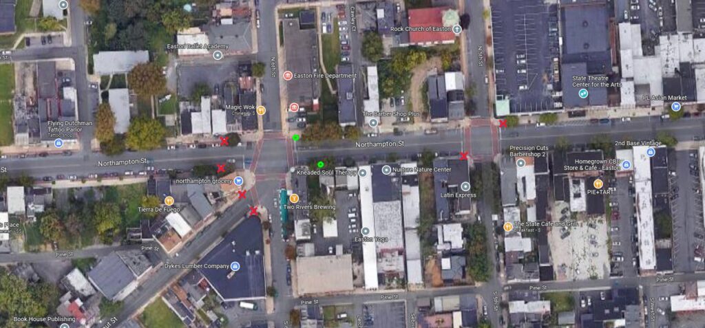 Aerial map view of the intersection of Northampton and 6th St in Easton, marked with the new stop locations east of 6th street.