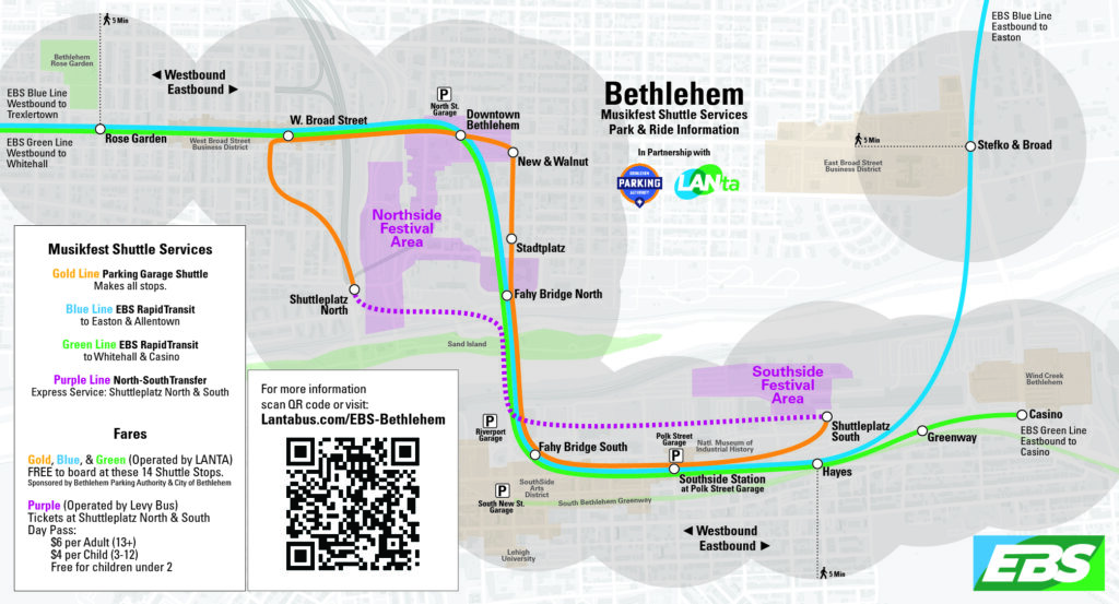 Map detailing the Gold, Blue, Green, and Purple Line services throughout Bethlehem.