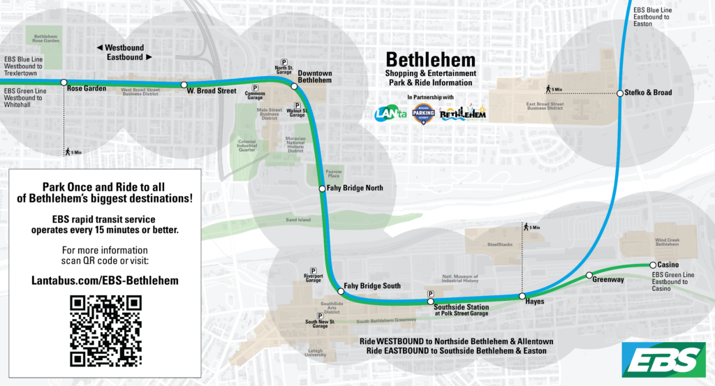 Map of Bethlehem overlaid with the EBS Blue and Green Line LANTA routes. 10 EBS Stations are denoted on the map. Text in the map key reads "Park Once and Ride to all of Bethlehem’s biggest destinations! EBS rapid transit service operates every 15 minutes or better."