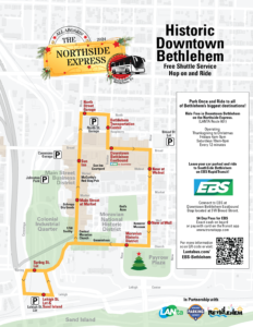 Route 601 Map, detailing its stops and route alignment. Information on the side of the map reads: Park Once and Ride to all of Bethlehem’s biggest destinations! Ride Free in Downtown Bethlehem on the Northside Express. (LANTA Route 601) Operating Thanksgiving to Christmas Fridays 4pm-9pm Saturdays 10am-9pm Every 12 minutes. Leave your car parked and ride to SouthSide Bethlehem on EBS Rapid Transit! Connect to EBS at Downtown Bethlehem Eastbound Stop located at 3 W Broad Street. $4 Day Pass for EBS Exact cash on board or pay with card on the Transit app www.transitapp.com