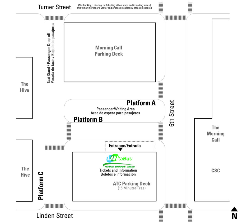 Map detailing the Platform locations at the Allentown Transportation Center. Platform A and B are adjacent in between 6th and Church Street, Platform C is on Church Street next to Linden Street.
