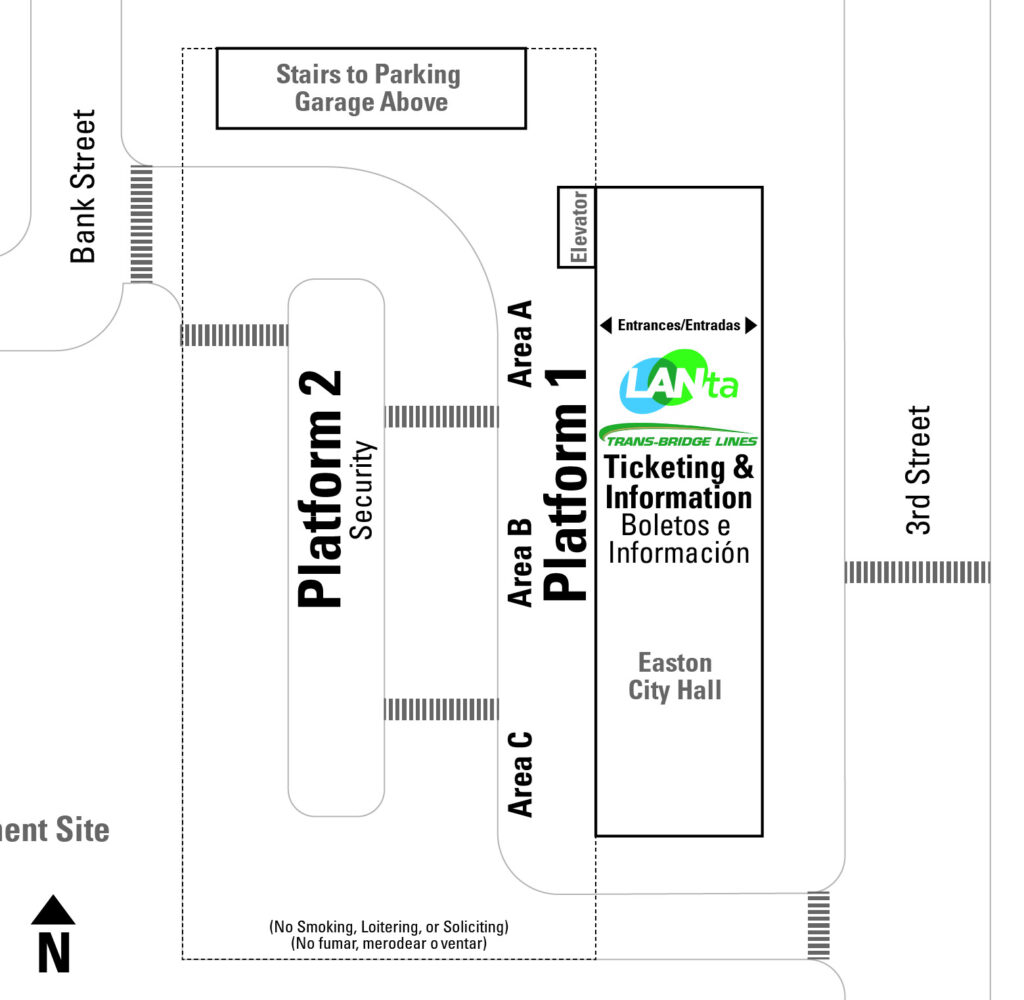 Map detailing the Platforms at the Easton Intermodal Transportation Center. Platform 1 is nearest the building, with Platform 2 on the other side of the center island.
