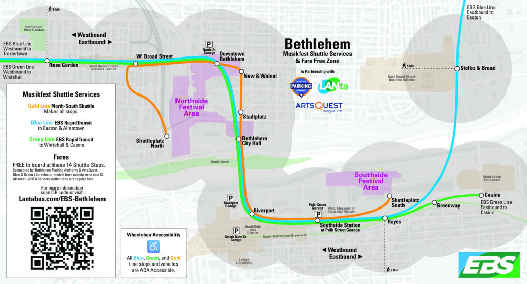 Map detailing the Gold, Blue, and Green Line services throughout Bethlehem.