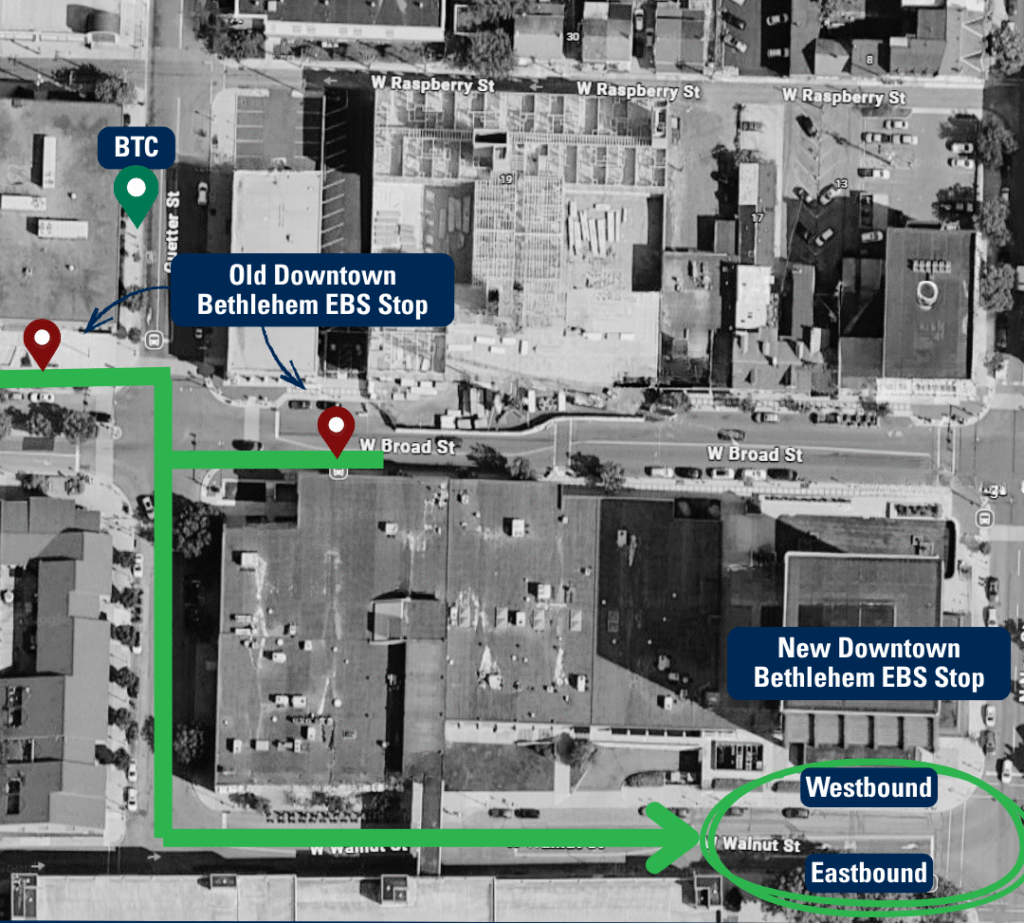 Aerial view of Downtown Bethlehem, diagraming the current location of the Downtown EBS stops and their new location.