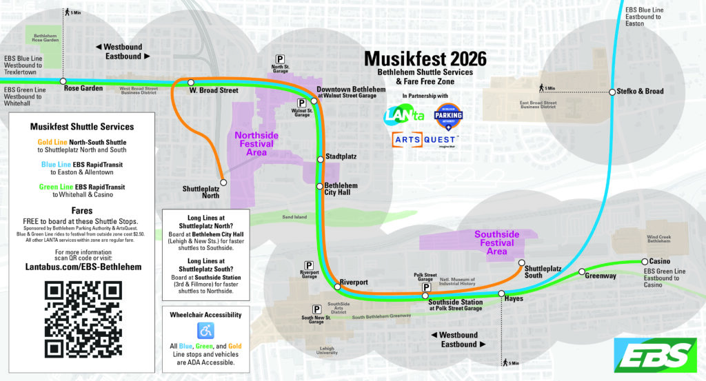 Map is titled "Musikfest 2026 | Bethlehem Shuttle Services & Fare Free Zone" Map displays the EBS Blue, Green, and Gold Lines and their stops through the Bethlehem area. Map key lists the Musikfest Shuttle Services as: Gold Line North-South Shuttle to Shuttleplatz North and South | Blue Line EBS RapidTransit to Easton & Allentown | Green Line EBS RapidTransit to Whitehall & Casino. Fares FREE to board at all Shuttle Stops